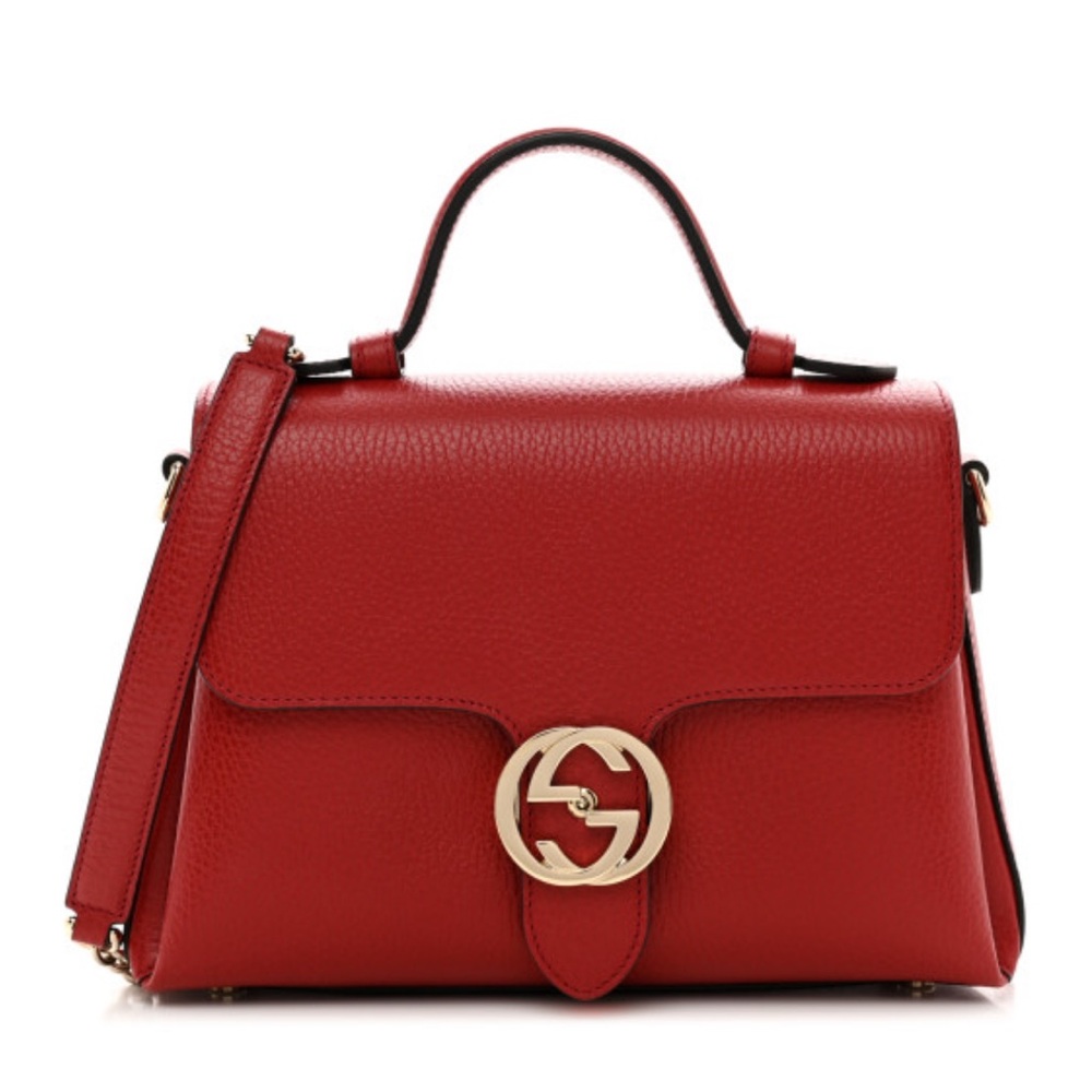Red Leather Top-Handle Shoulder Bag with Gold Emblem